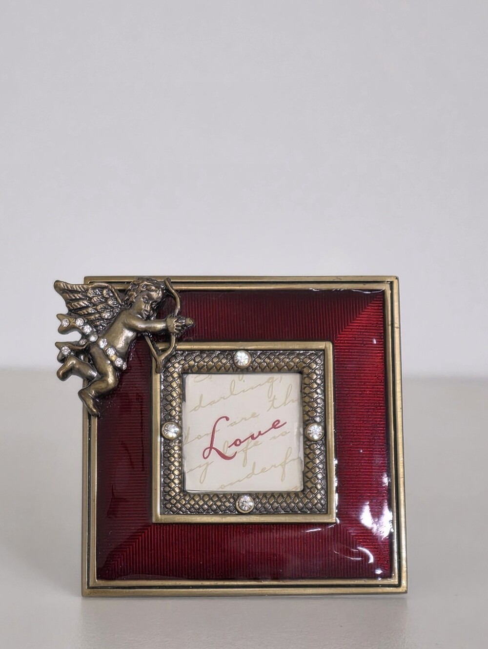 Two’s Company Cupid/Cherub Jeweled Rhinestone Square Picture Mini Photo Frame
